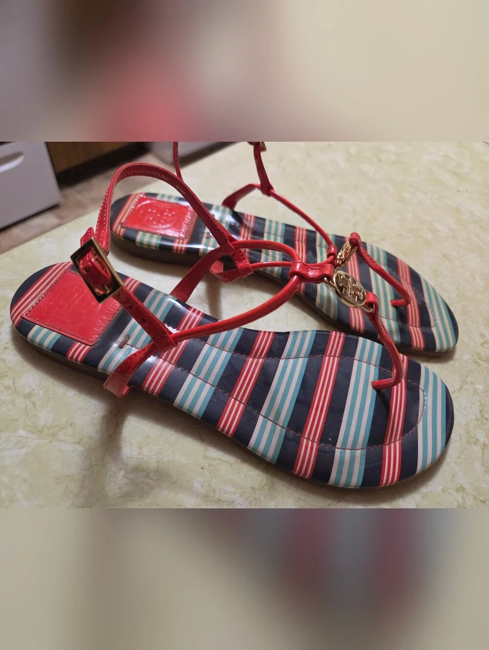 Tory Burch Red Strap Blue & Red Striped Footbed Sandals